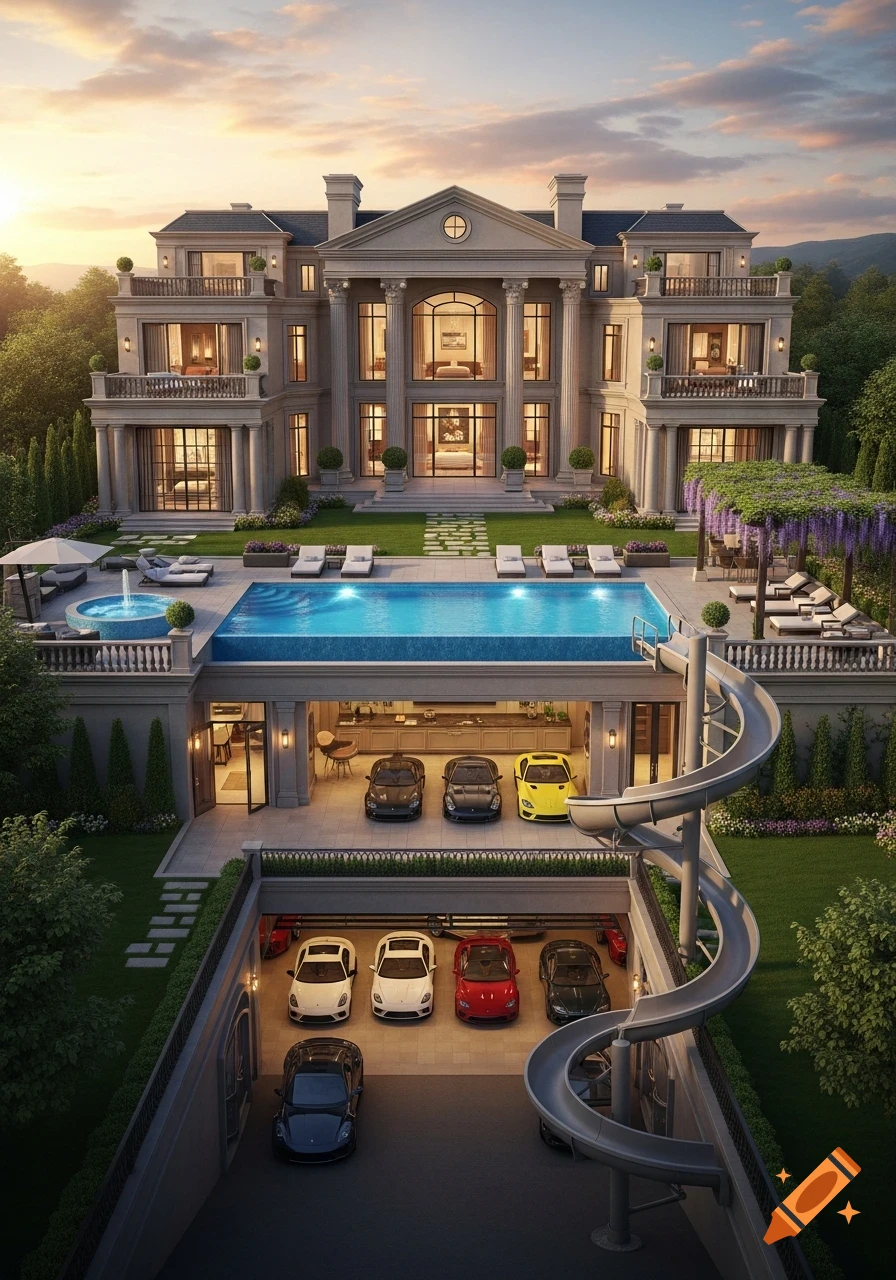 Photorealistic rendering of a large luxury mansion with a swimming pool, spiral slide, and multi-level garages full of sports cars at sunset.