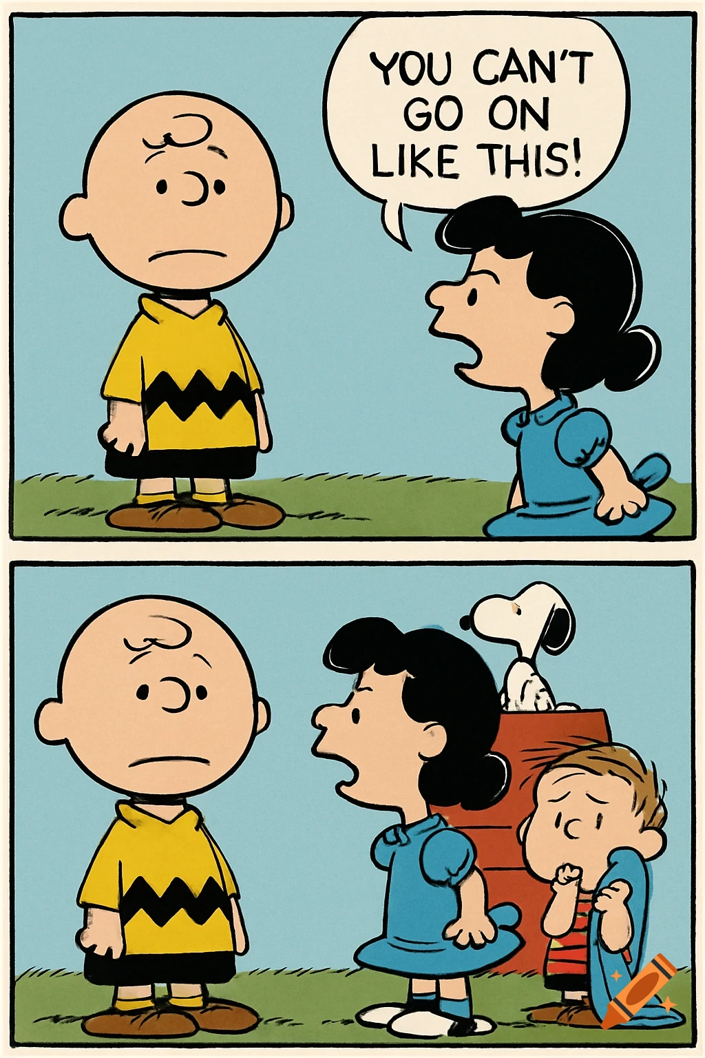 A two-panel Peanuts comic. In the top panel, Lucy yells at a sad Charlie Brown, saying "YOU CAN'T GO ON LIKE THIS!". The bottom panel shows Charlie Brown still sad, Lucy yelling, and Snoopy on his doghouse behind a blanket-clutching Linus.