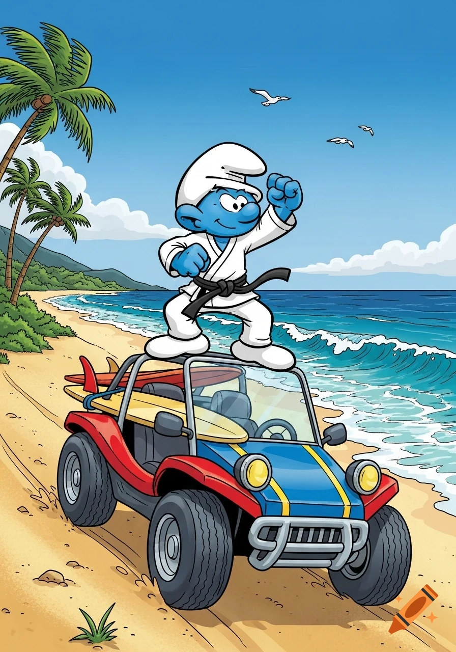 A cartoon Smurf in a white karate gi with a black belt stands on a red and blue beach buggy with surfboards on a sunny beach.
