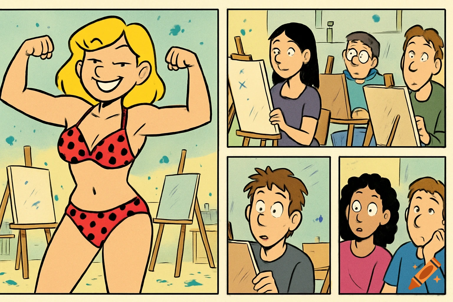 Cartoon comic strip panels show a blonde woman in a red polka-dot bikini flexing for startled art students.