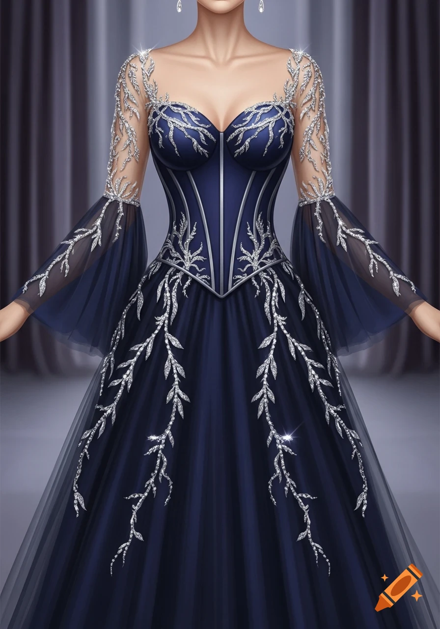 A woman wears an elegant deep blue dress with a sweetheart bodice, bell sleeves, and a tulle skirt, all adorned with intricate silver vine embroidery.
