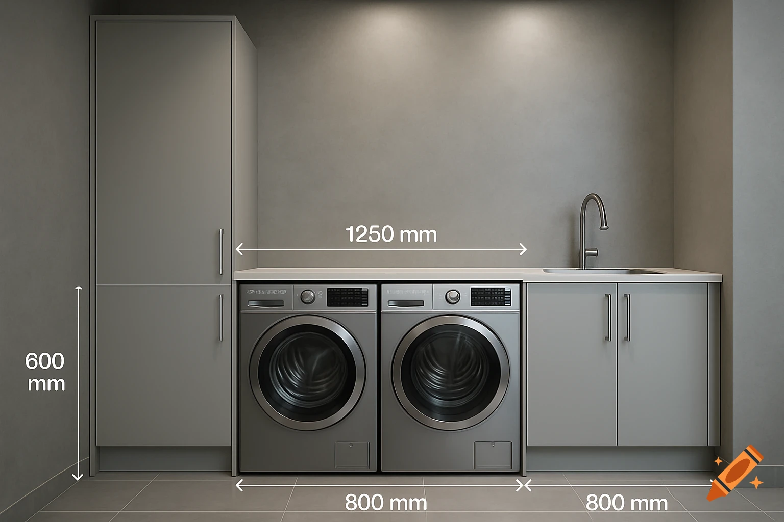 A modern laundry room with gray cabinets, two washing machines, a sink, and faucet, featuring white measurement overlays for 600mm, 1250mm, and 800mm.