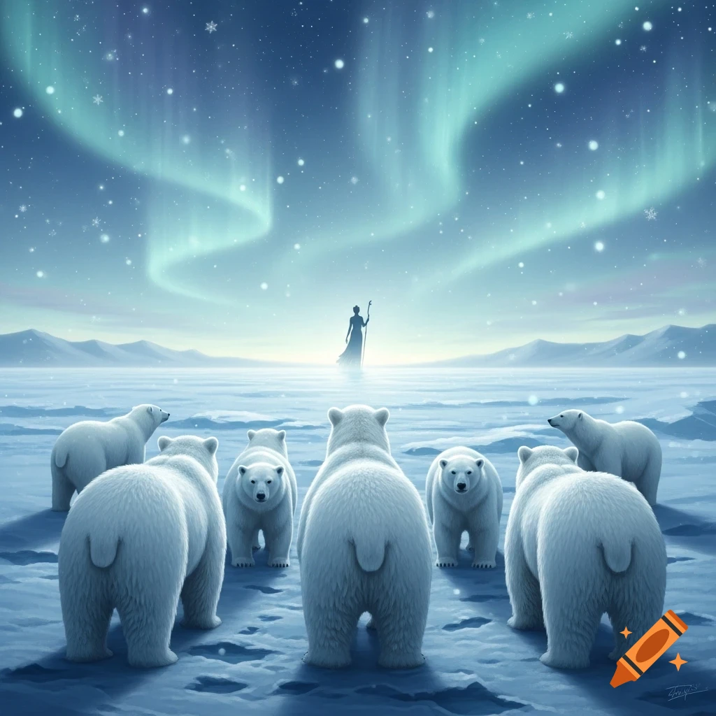 Polar bears gaze at a silhouetted figure holding a staff under a vibrant aurora borealis and starry sky in a snowy arctic landscape.