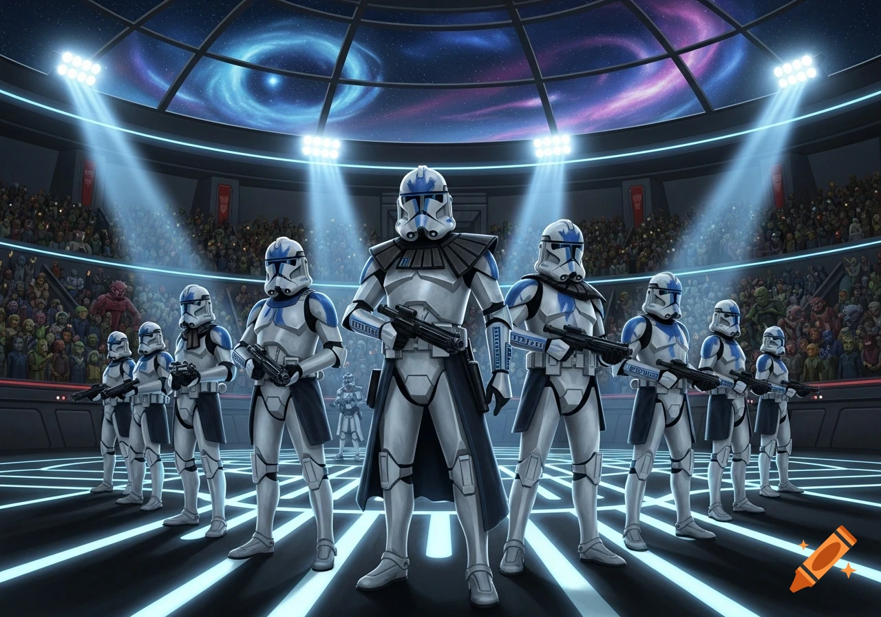 A group of Star Wars clone troopers in blue and white armor stands in a futuristic stadium before a crowd, under a galaxy ceiling.