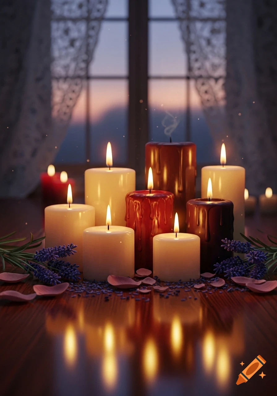 A photorealistic still life of burning candles, lavender, and rose petals on a wooden table, with a window view at twilight.