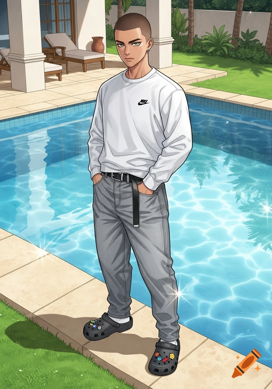 A young man with a buzz cut wearing a white Nike sweatshirt, grey baggy jeans, and black Crocs by a pool. Anime style.