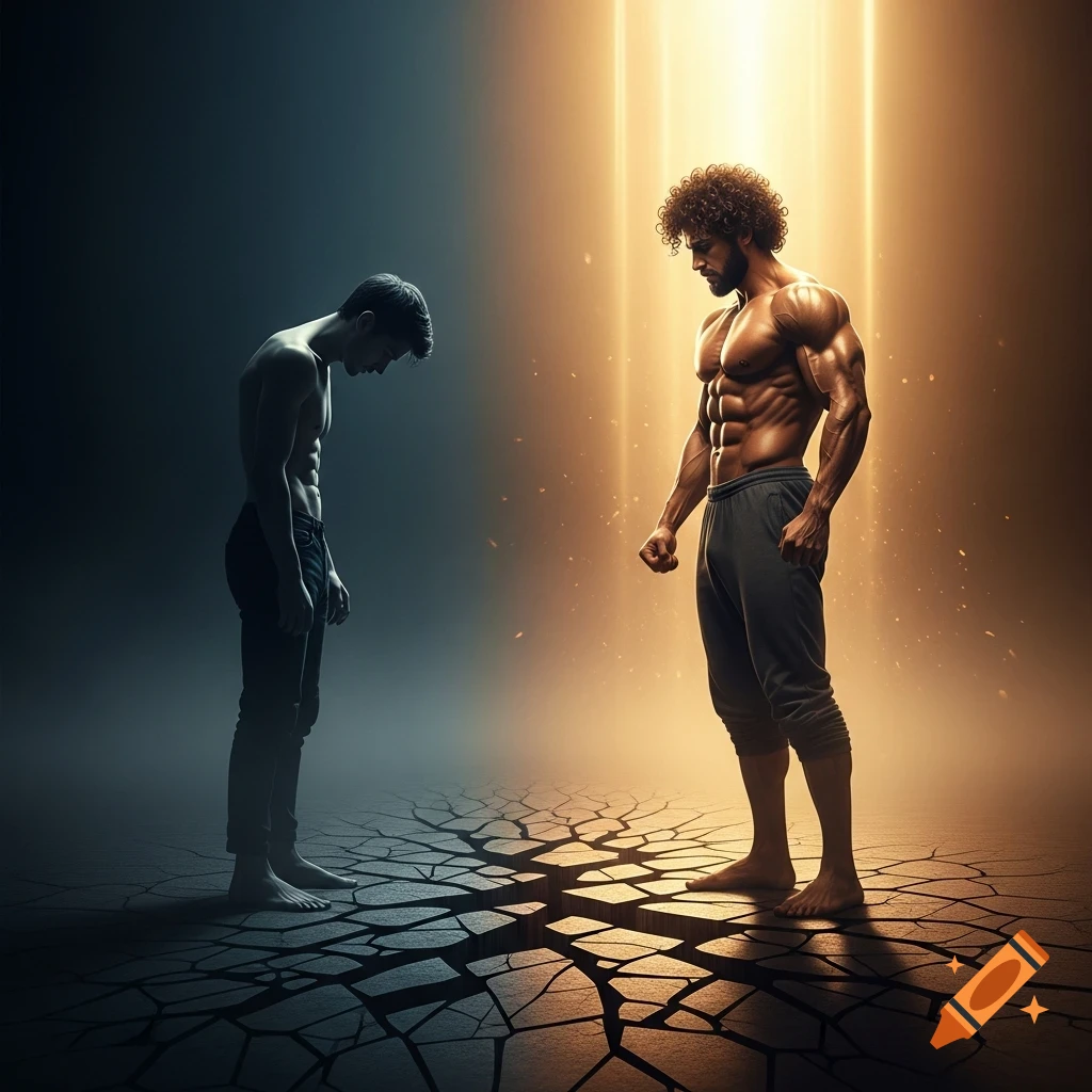 A cinematic, high-contrast image showing a weak, shadowed man facing a muscular, glowing man on cracked ground, symbolizing transformation.