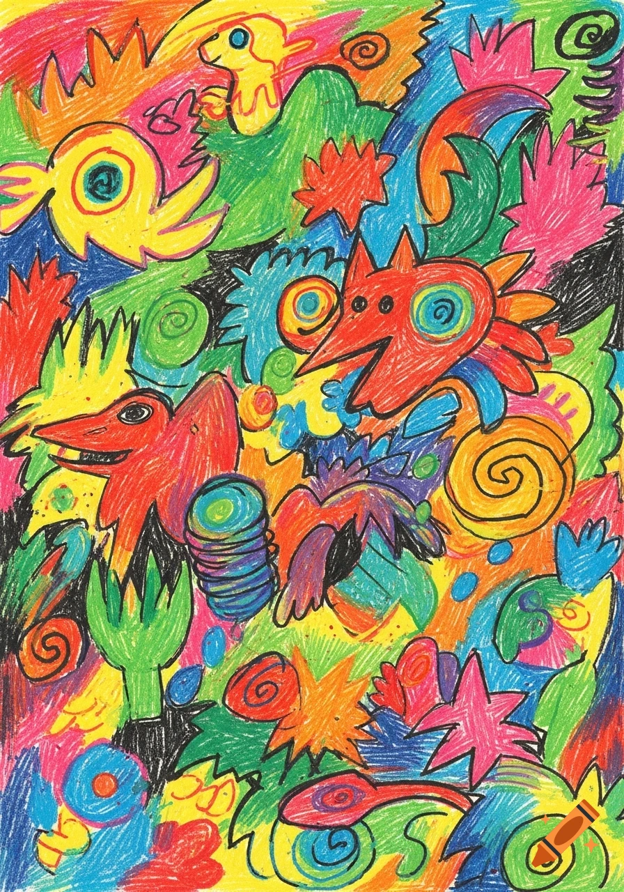 Vibrant crayon doodle artwork featuring abstract shapes, cartoonish creatures, and plant-like forms in a busy, colorful composition.