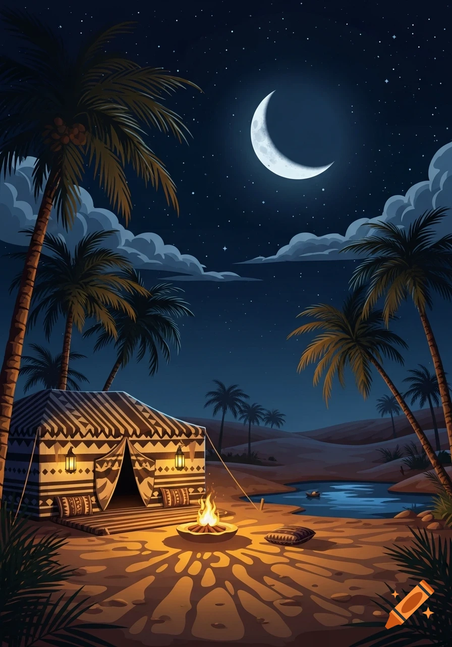 A stylized illustration of a desert camp at night under a crescent moon, with a patterned tent, campfire, palm trees, and a small pond.