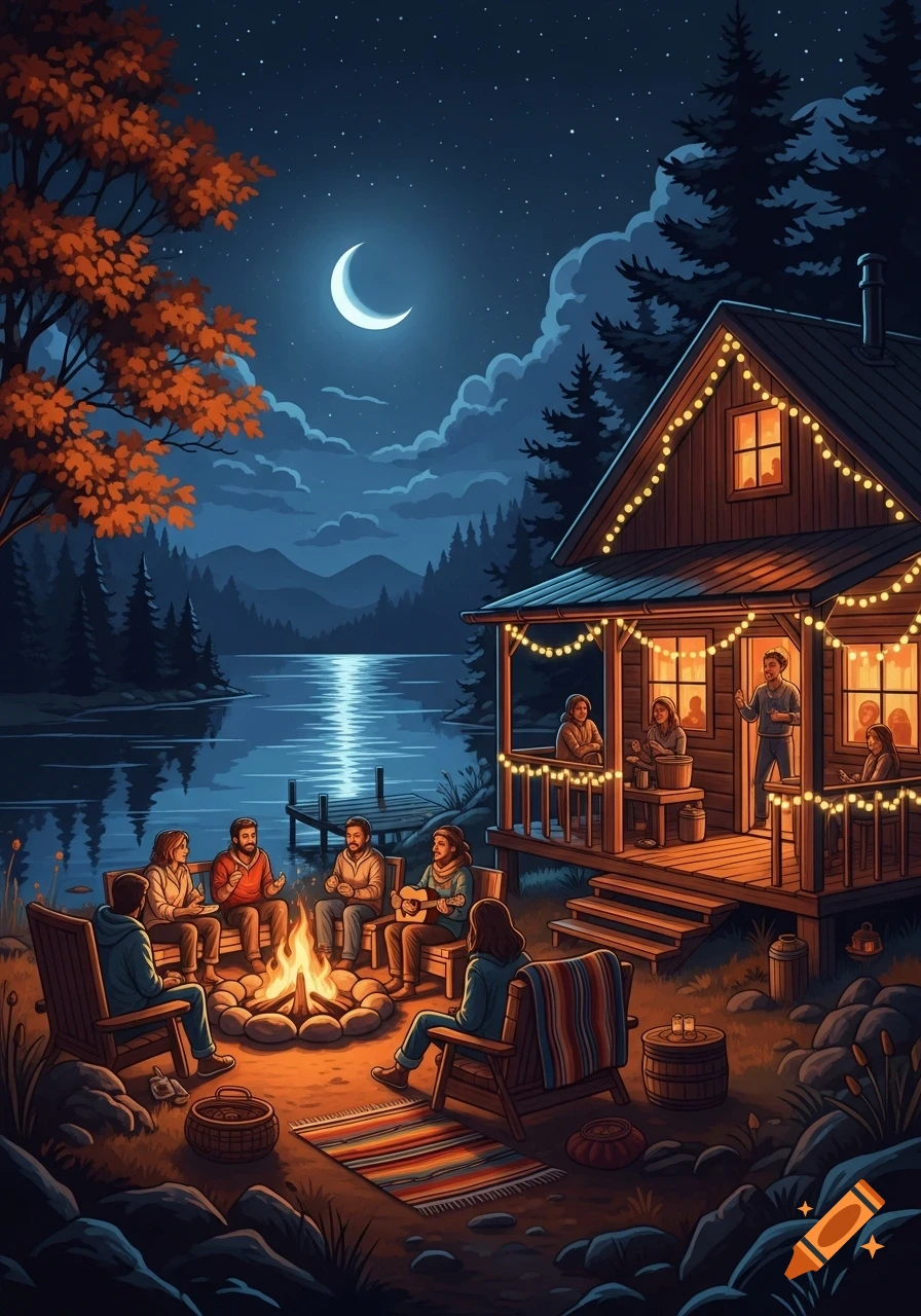 Stylized illustration of friends gathered around a campfire by a lake and a lit-up cabin under a crescent moon at night.