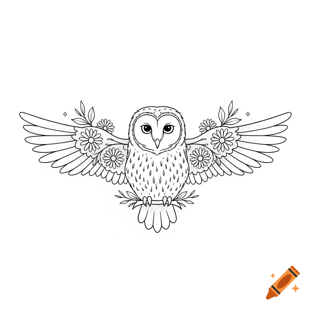 Fineline minimalist tattoo design of an owl with spread wings, adorned with daisies and leaves, on a white background.