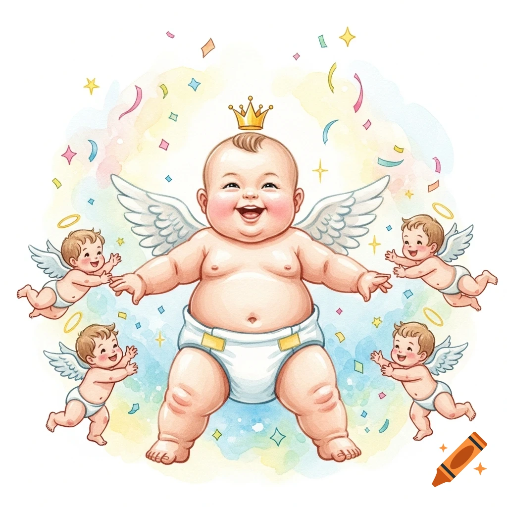 Joyful watercolor illustration of a plump baby with angel wings and a crown, surrounded by smaller winged babies and confetti.