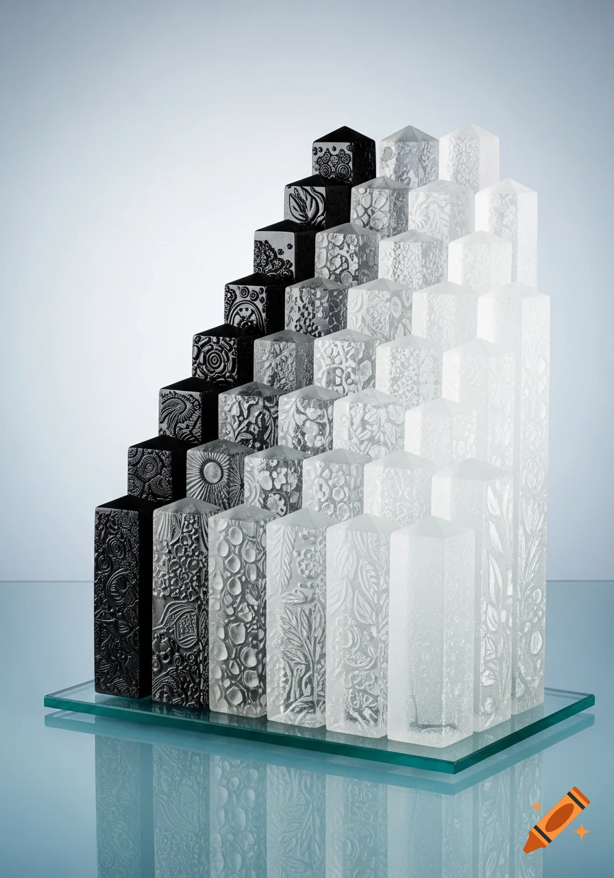 Modern glass sculpture of hexagonal columns in a staircase arrangement, fading from black to white with textured patterns, on a reflective blue base.
