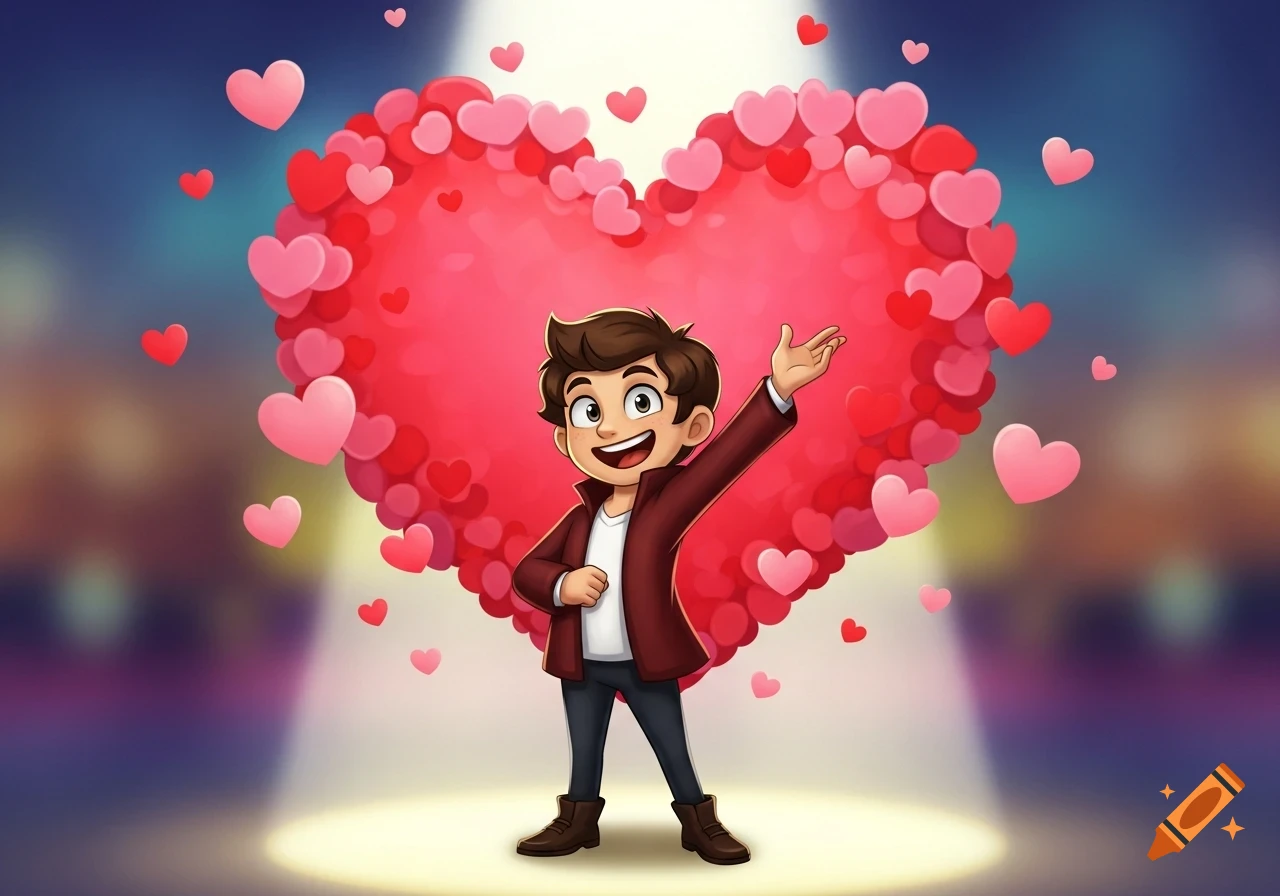 A cheerful cartoon boy in a red jacket smiles and waves under a spotlight, with a large heart made of smaller red and pink hearts behind him.