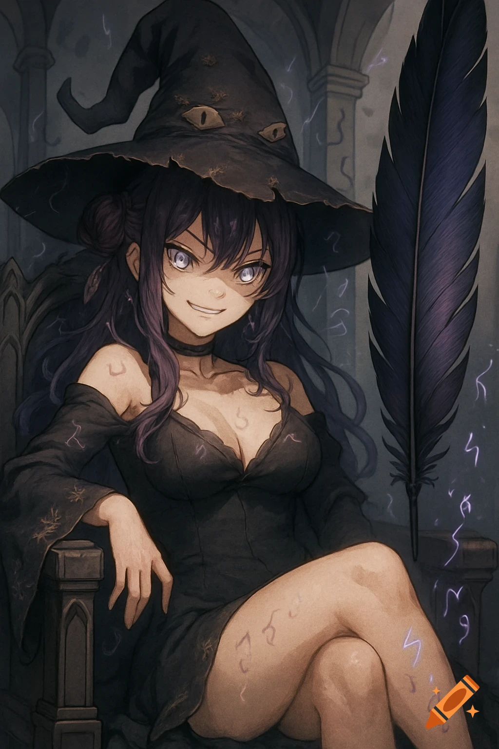 Devilish anime witch with glowing violet eyes, dark hair, hat with eyes, on a gothic throne with a giant quill and runes.