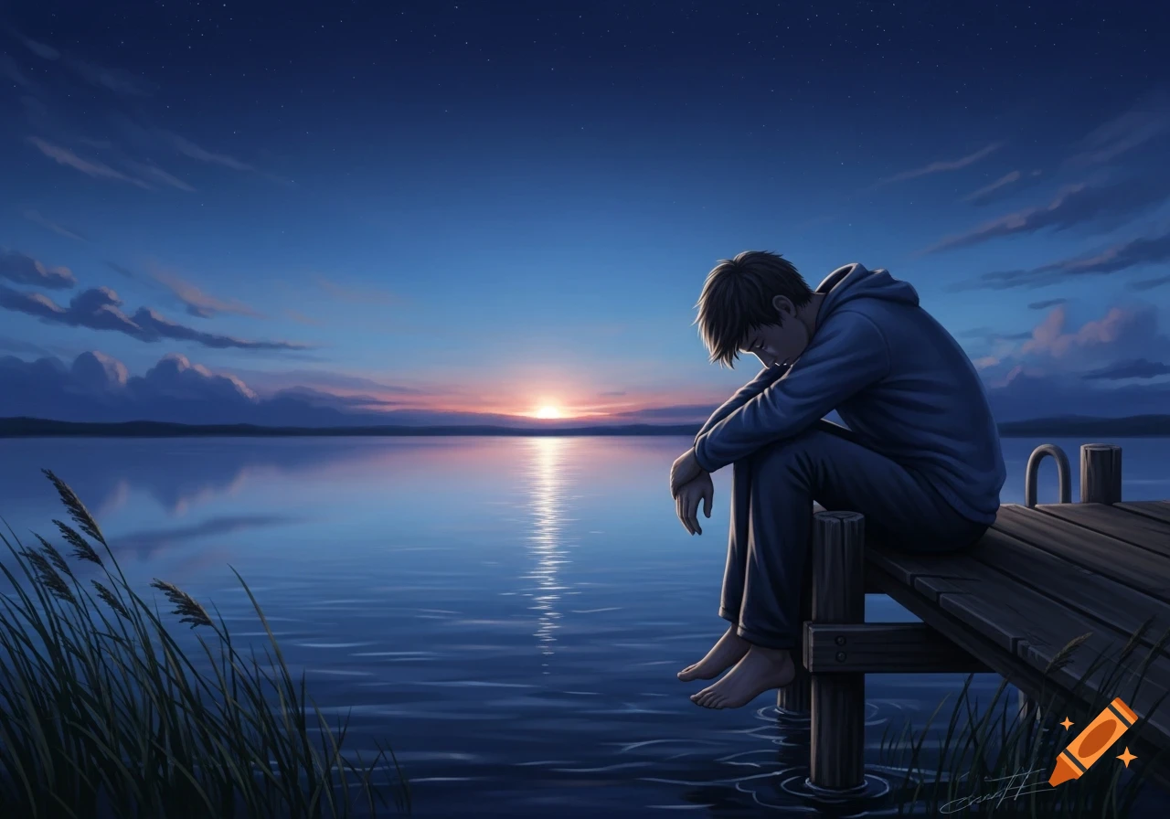 An illustration of a young man sitting alone on a wooden dock, head down, appearing sad or contemplative, by a lake at sunset.