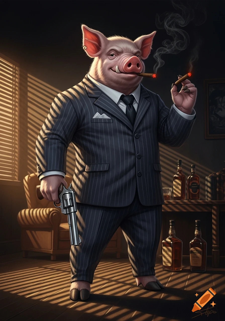 An anthropomorphic pig in a pinstripe suit, holding a revolver and smoking a cigar, standing in a dimly lit room.