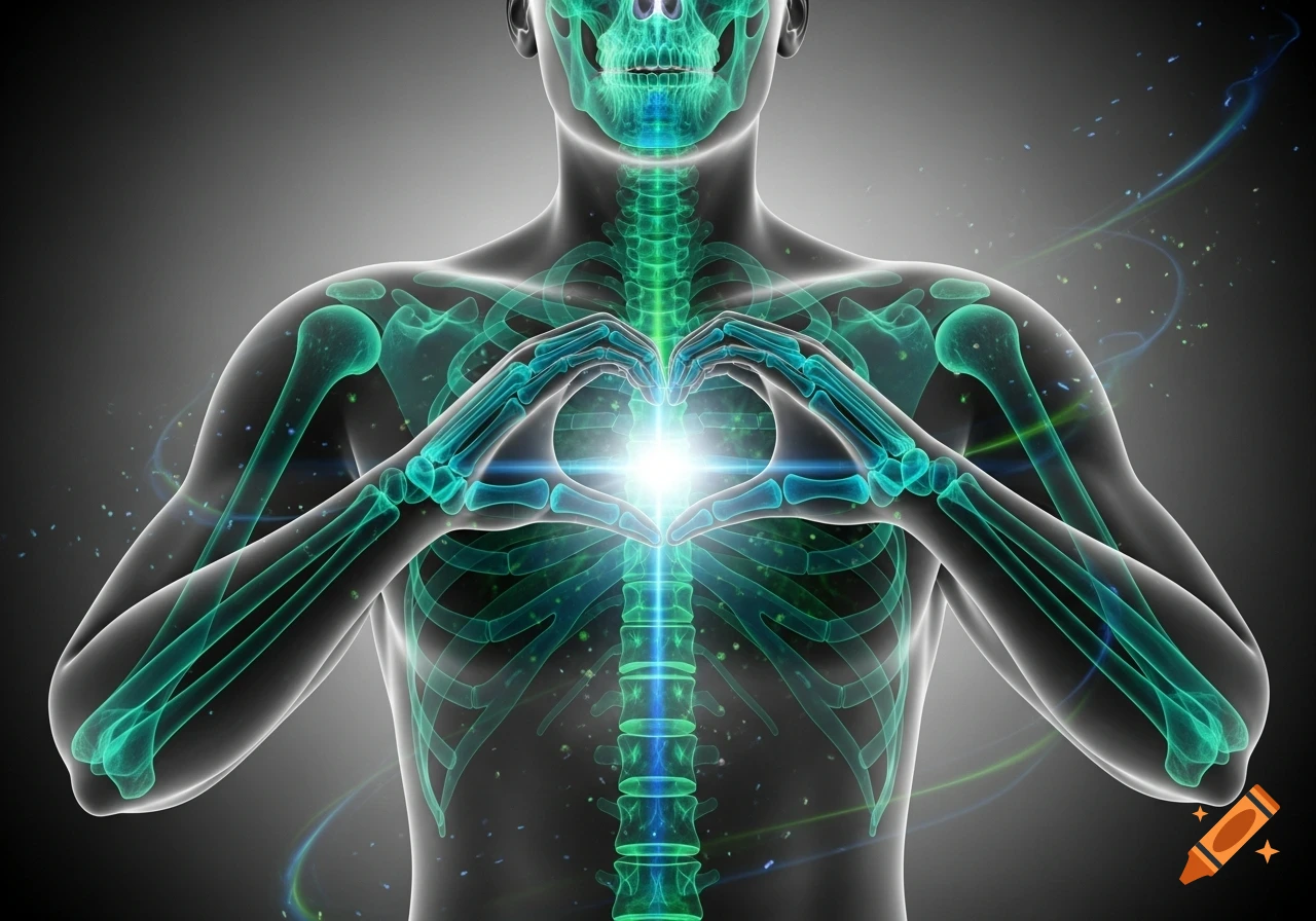 Stylized X-ray image of a human torso with glowing green bones, hands forming a heart shape over a bright light in the chest.