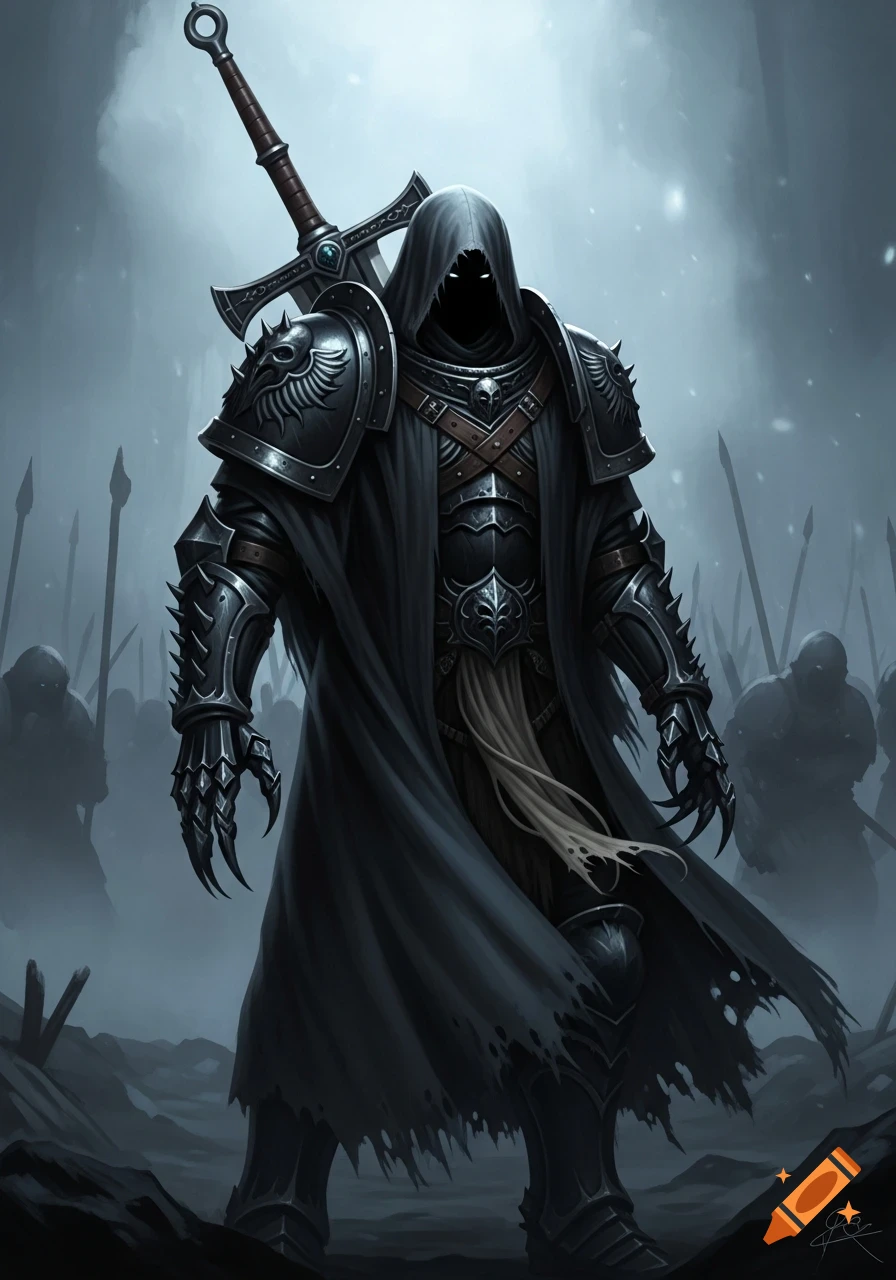 A dark fantasy warrior in black jagged armor and a cloak, with a hooded ...