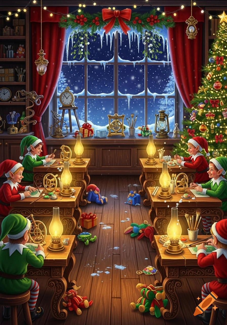 Detailed illustration of elves making toys in a festive Santa's workshop with a snowy window and Christmas tree.