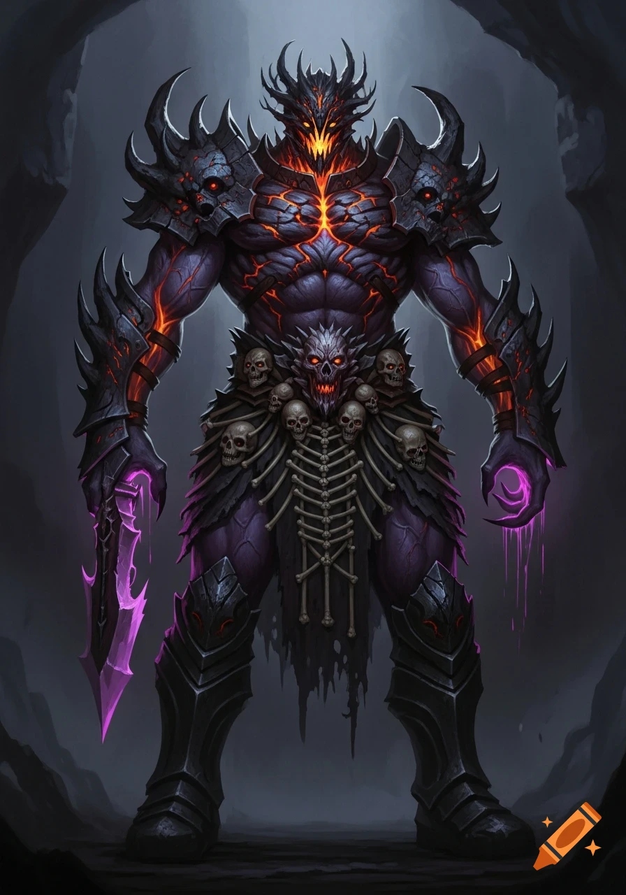 A powerful, dark fantasy demon with glowing magma cracks, spiky black armor, a skirt of skulls and bones, and a purple glowing blade.