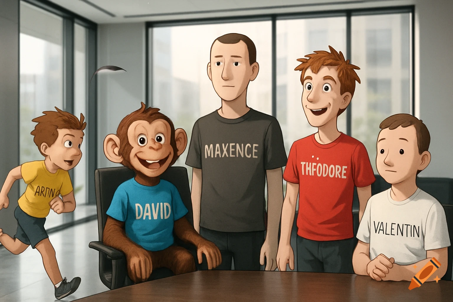 A cartoon illustration shows four human characters and one monkey in a meeting room, each wearing a t-shirt with text.