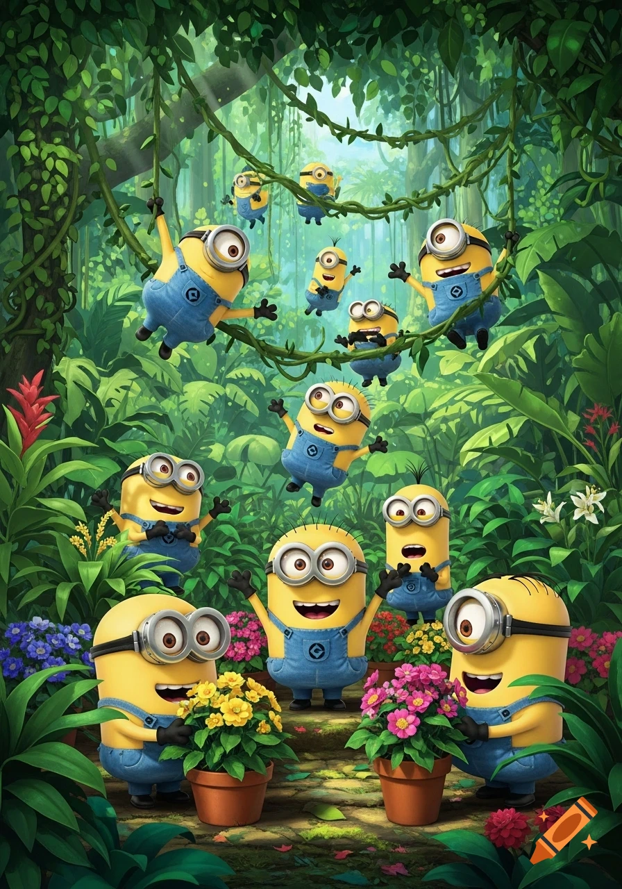 Many cheerful Minions play and interact with potted plants and hanging vines in a lush, green jungle environment, in a vibrant animated style.