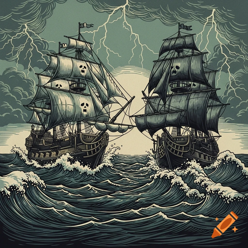 Two pirate ships battle on a stormy sea with lightning in a woodcut art style.