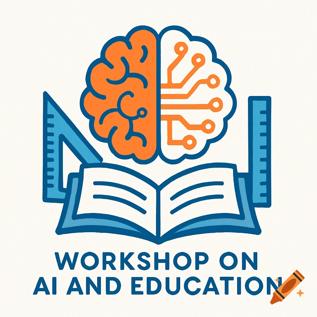 An illustration of a brain, half neural, half circuit board, above an open book with rulers, and text that reads "WORKSHOP ON AI AND EDUCATION".