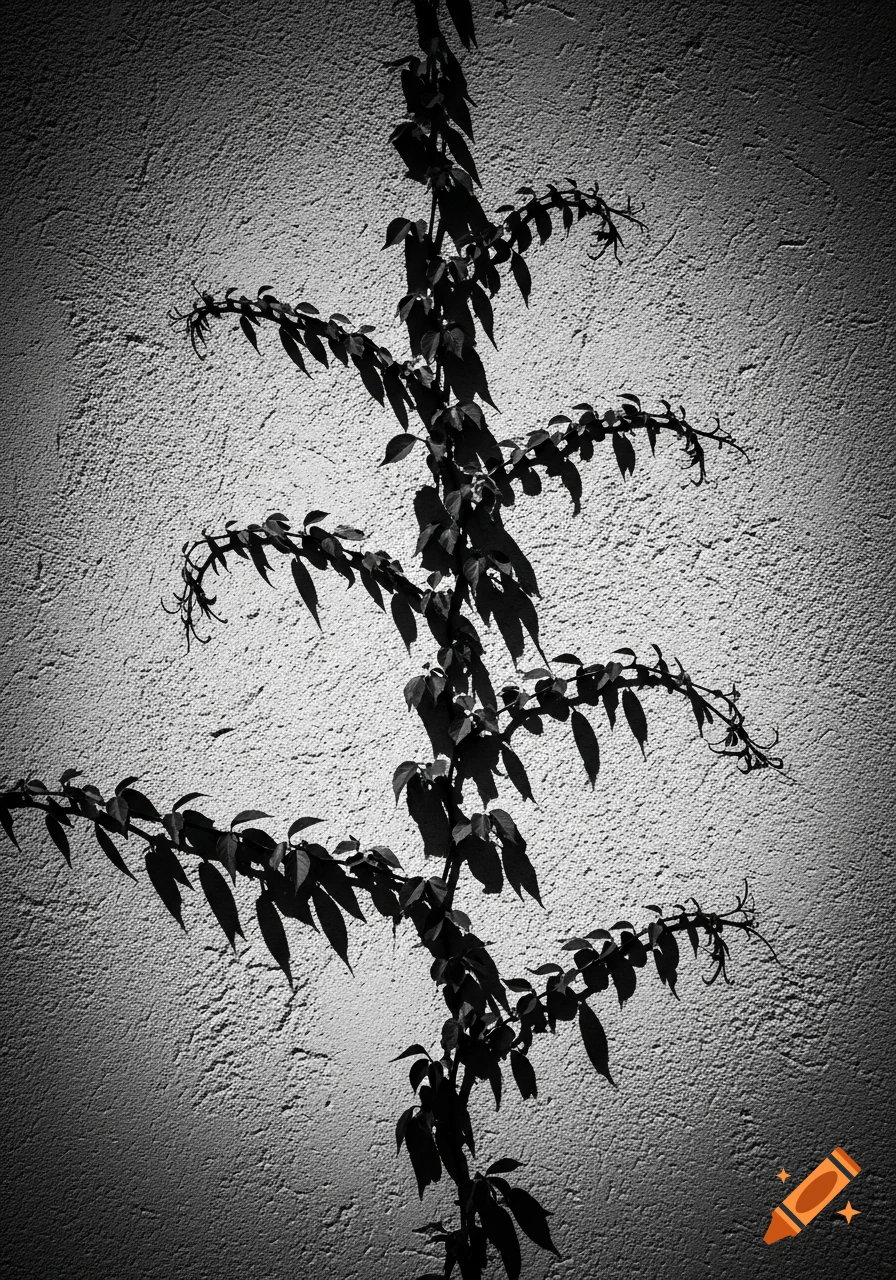 A black and white silhouette of vines climbing a textured wall, with strong shadows and perspective.