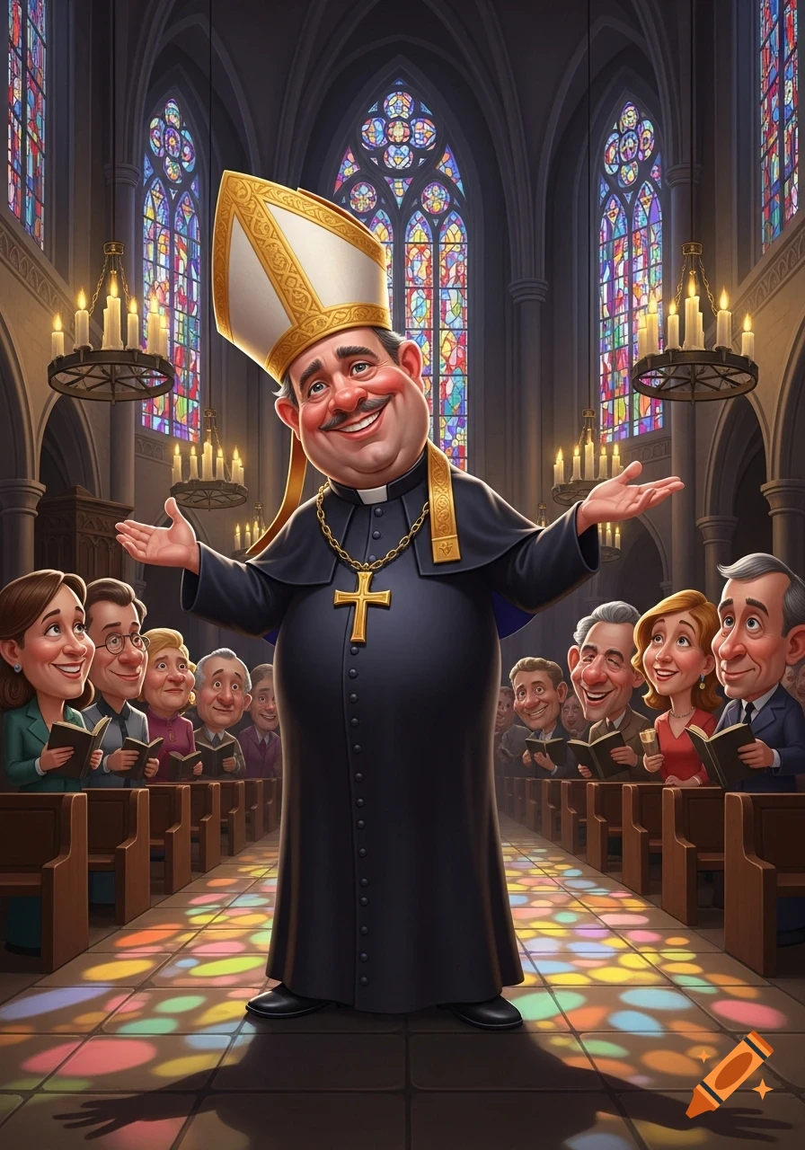A smiling, portly caricature of a Catholic priest with open arms in a church with stained glass windows and a congregation.