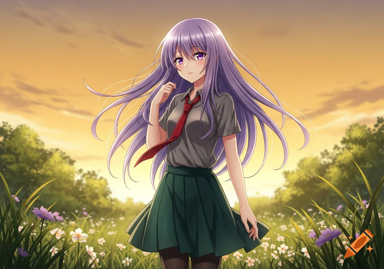 An anime girl with long purple hair and purple eyes, wearing a grey shirt, red tie, and green skirt, stands in a field of flowers at sunset.