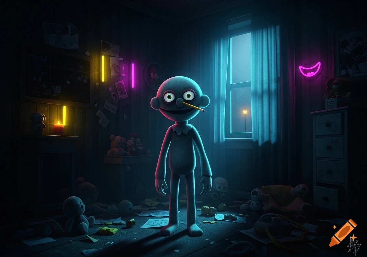 A creepy puppet character with a pencil in its nose stands in a dimly lit room with neon lights and scattered toys.