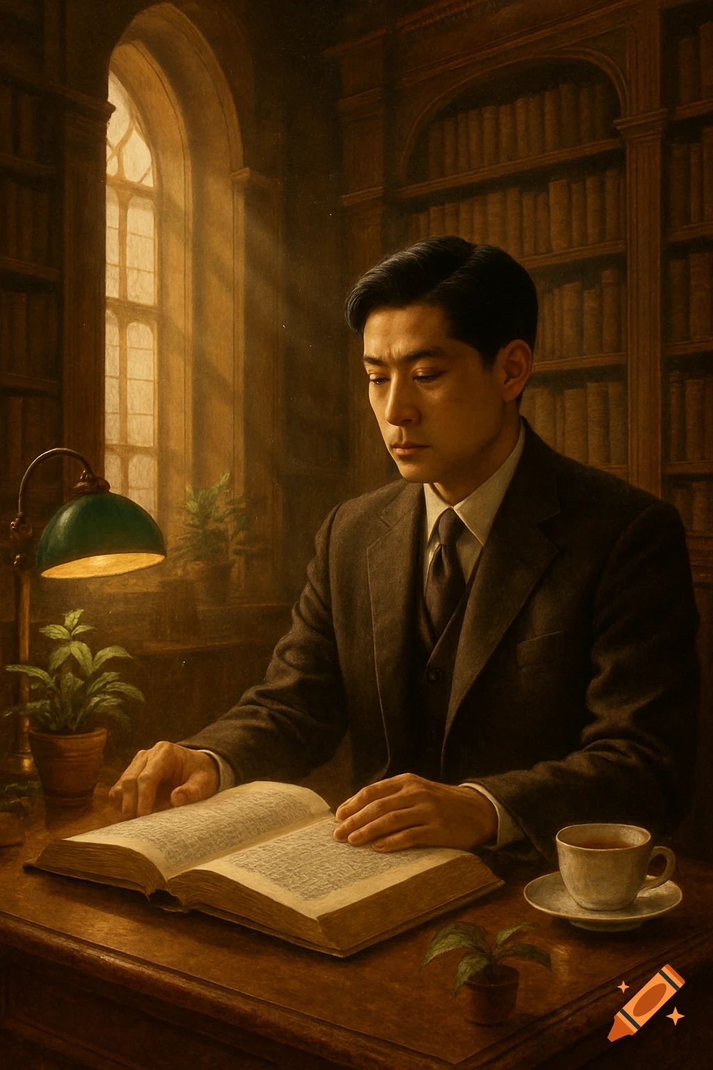 A man in a brown suit sits at a desk in a dimly lit library, reading a large open book. Sunlight streams through an arched window.