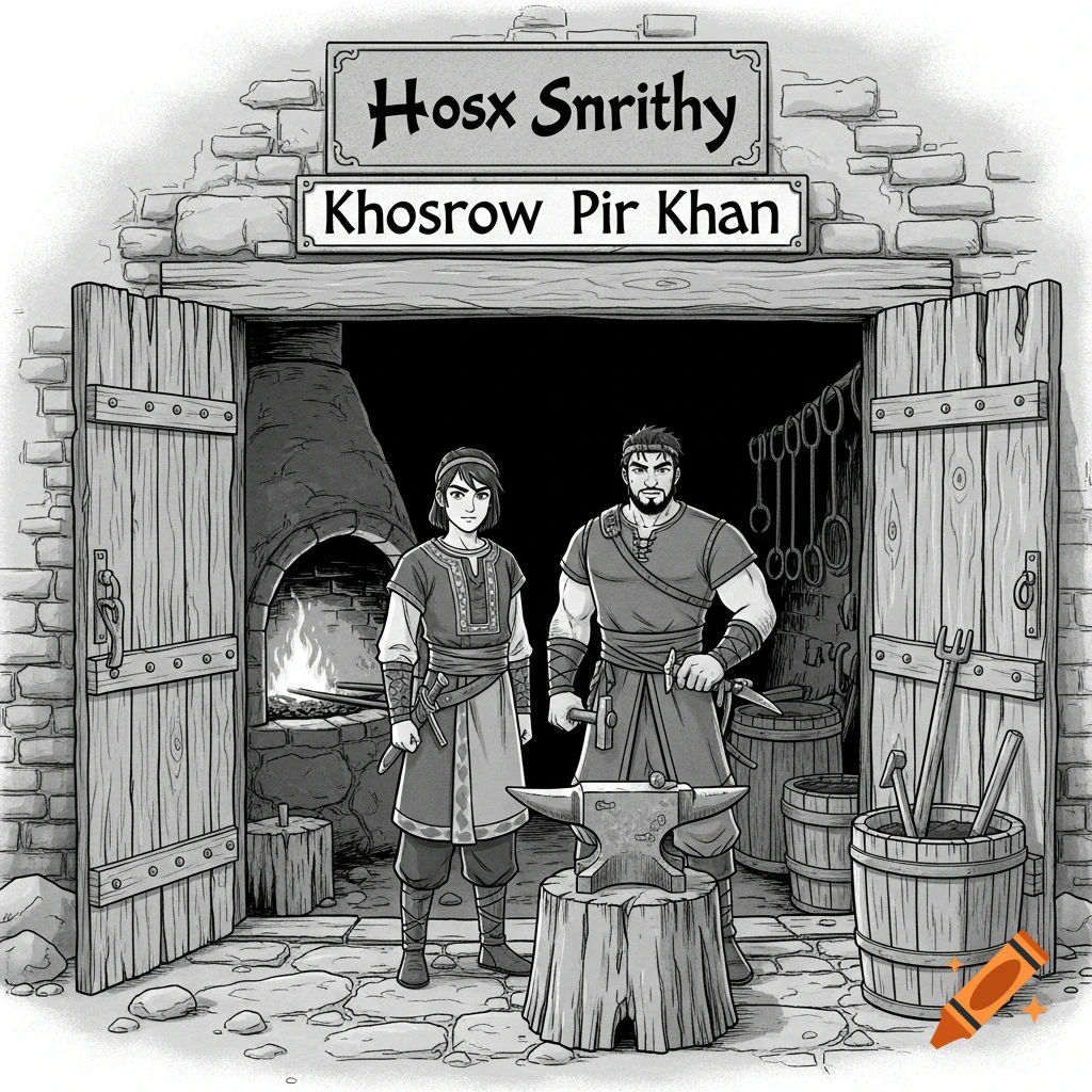 A black and white illustration of two men, possibly a master and apprentice, standing in the doorway of a blacksmith's shop, with a forge, anvil, and tools visible. Signs above read "Hosx Snrithy" and "Khrosrow Pir Khan".