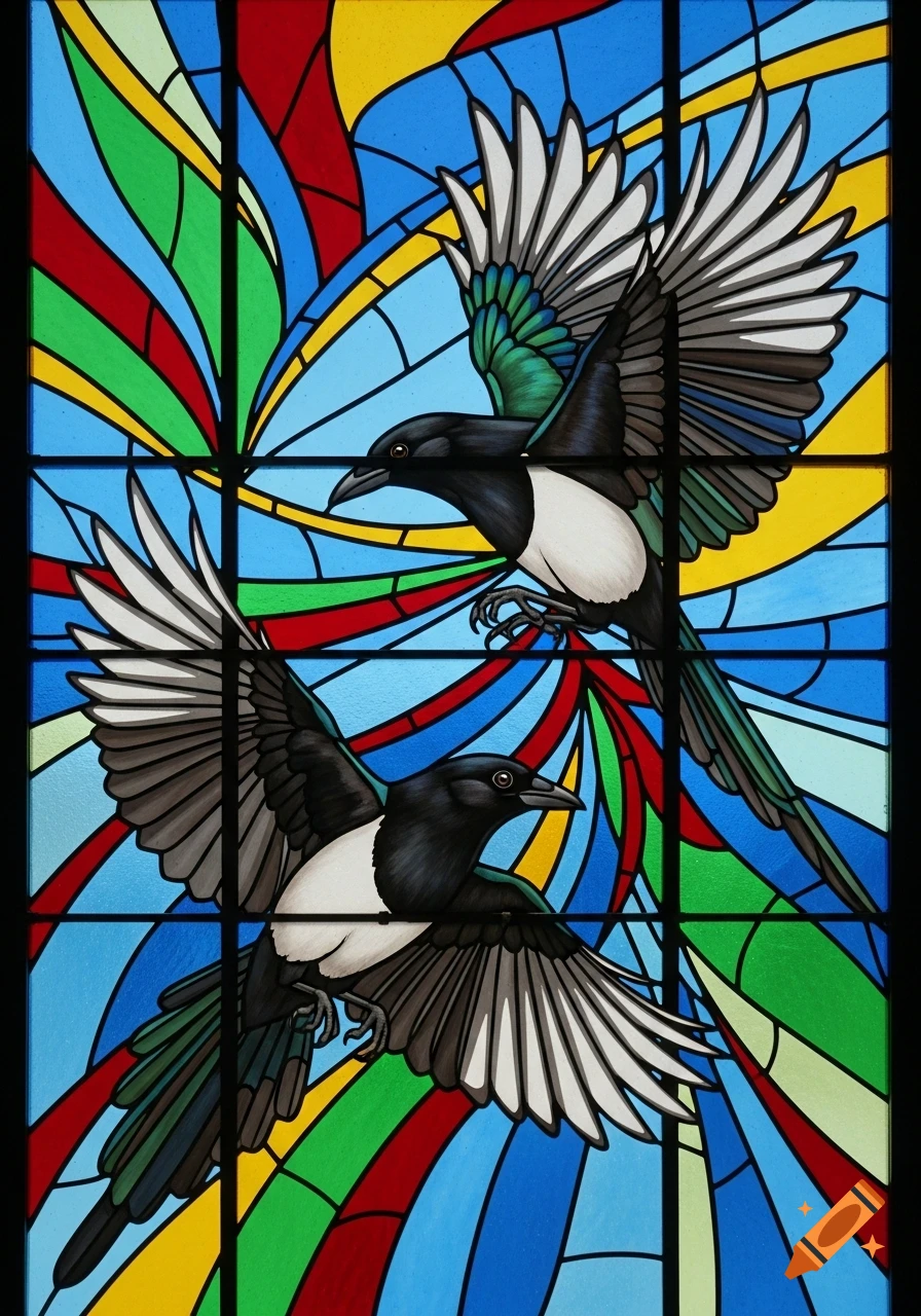 Two magpies fly within a vibrant, multi-colored stained glass window, depicting birds and abstract shapes.