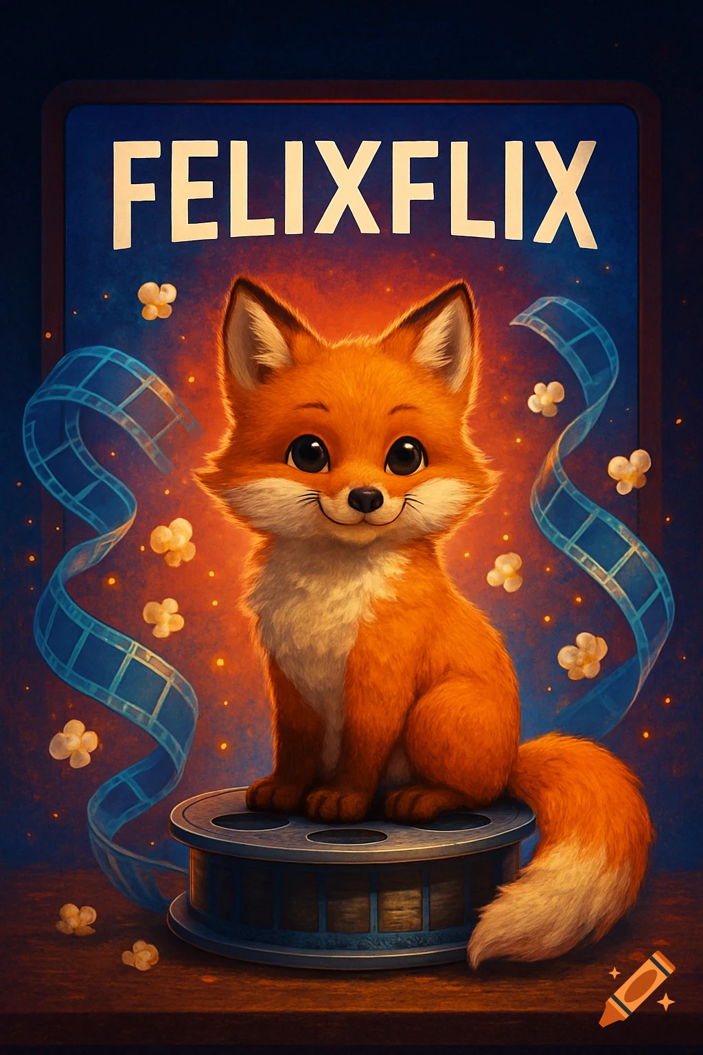 A cute cartoon fox sits on a film reel in front of a blue movie screen displaying "FELIXFLIX" text, surrounded by popcorn and film strips.