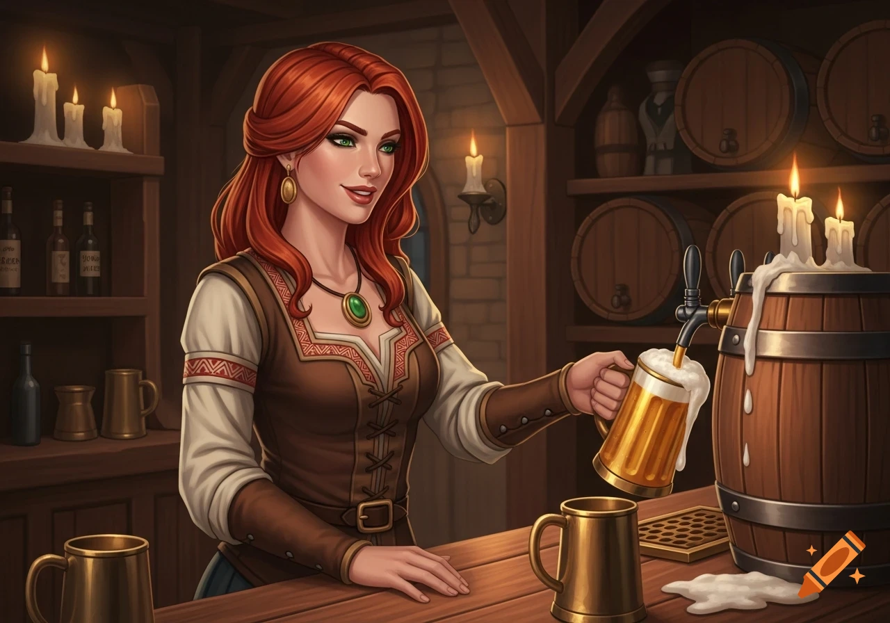 A red-haired barmaid with green eyes smiles as she pours a frothy beer in a rustic fantasy tavern, digital painting.