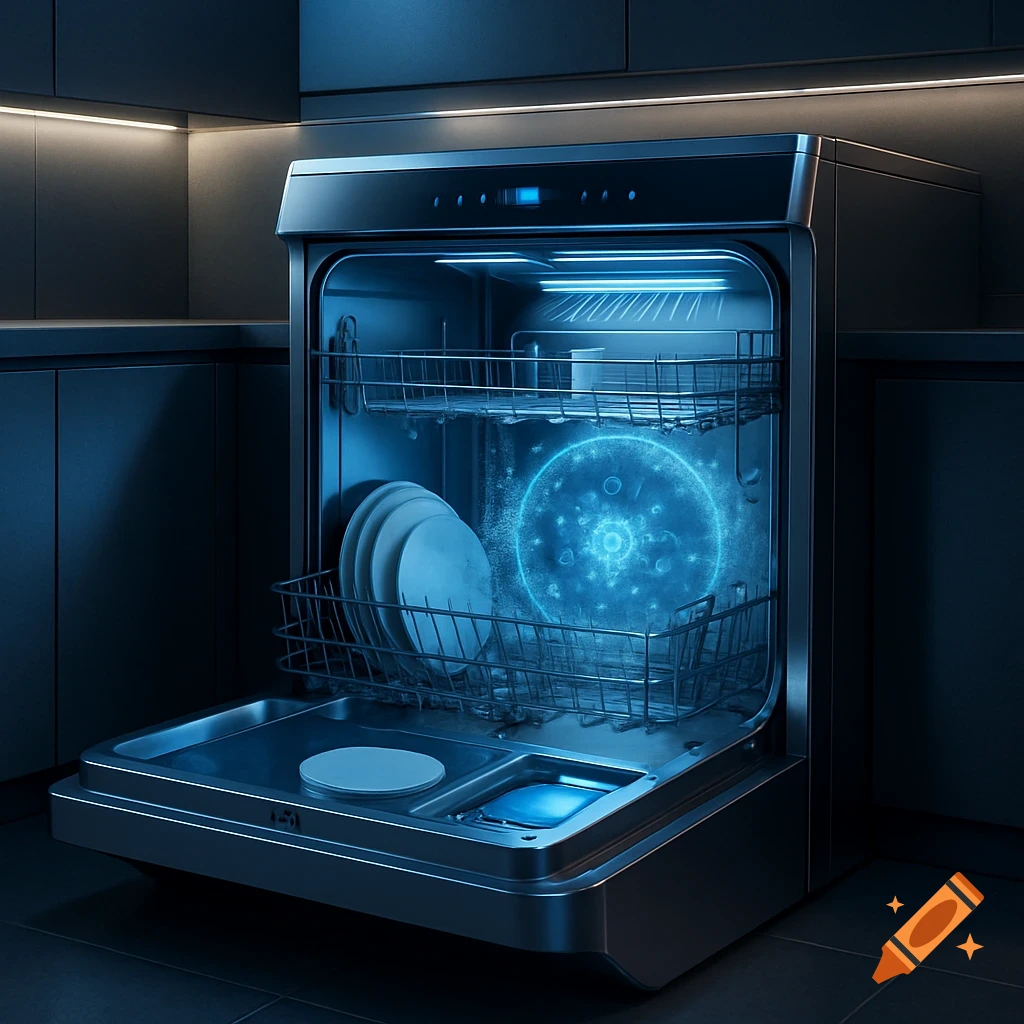 A futuristic dishwasher with its door open, revealing glowing blue energy and plates inside, set in a modern dark kitchen.