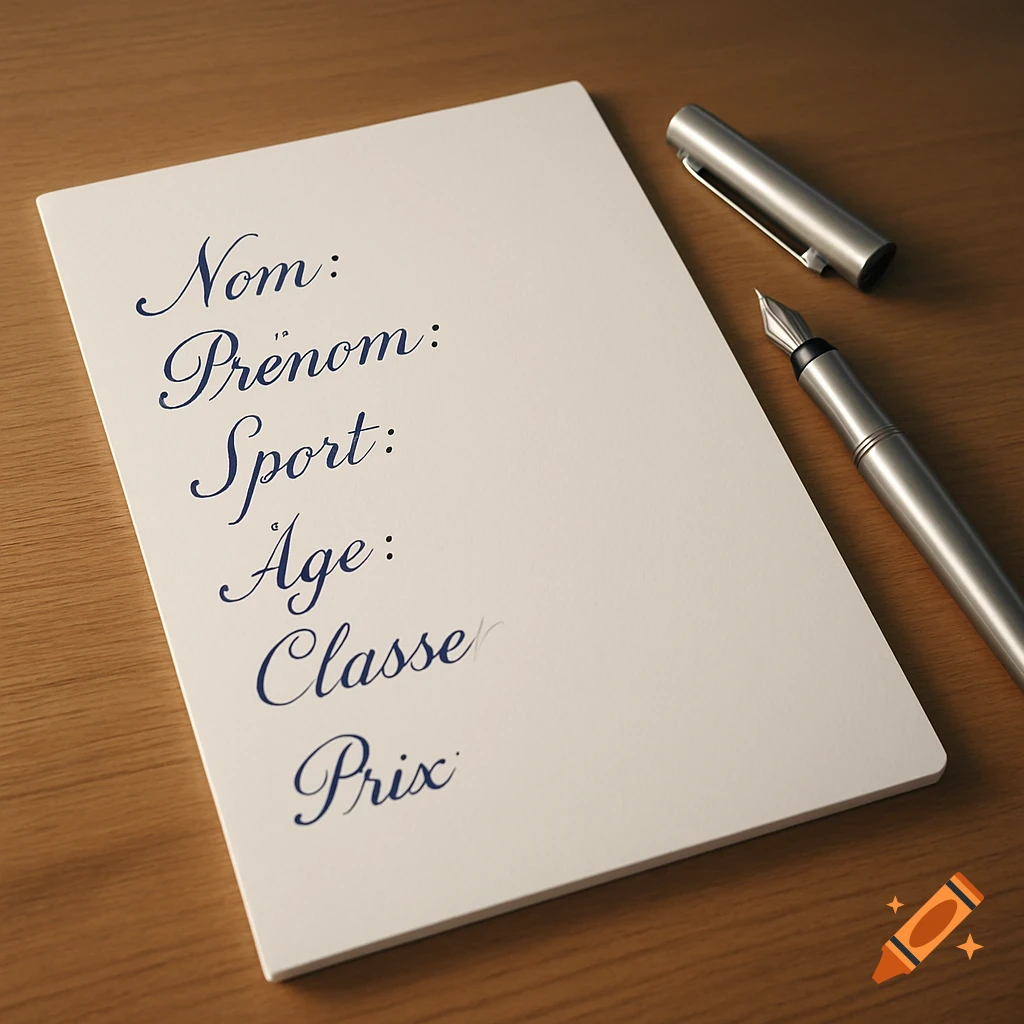 A white sheet of paper on a wooden table with a silver fountain pen and cap. The paper has "Nom: Prénom: Sport: Age: Classe Prix" written in blue cursive.