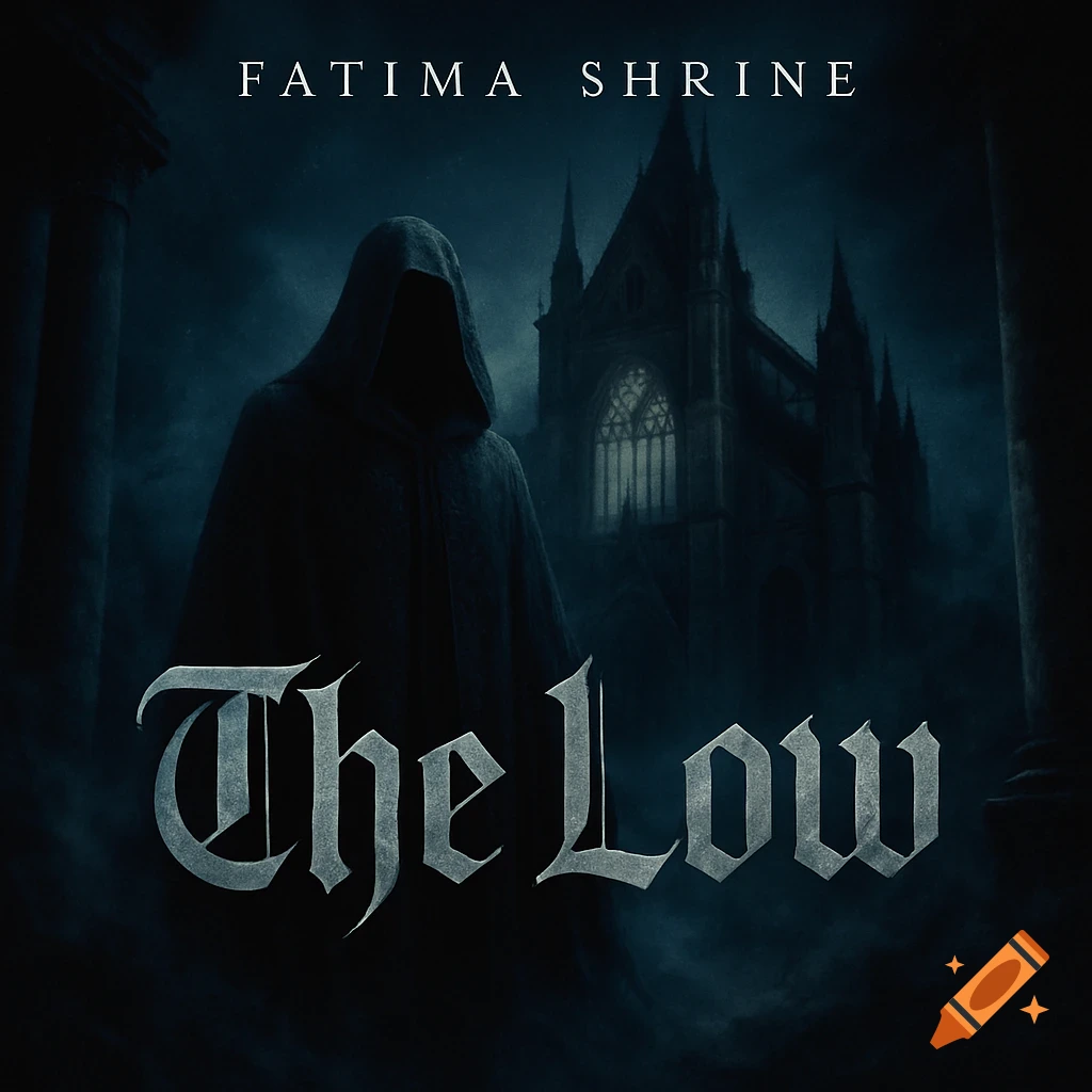 A dark, hooded figure stands before a gothic cathedral under a cloudy night sky, with text "FATIMA SHRINE The Low".