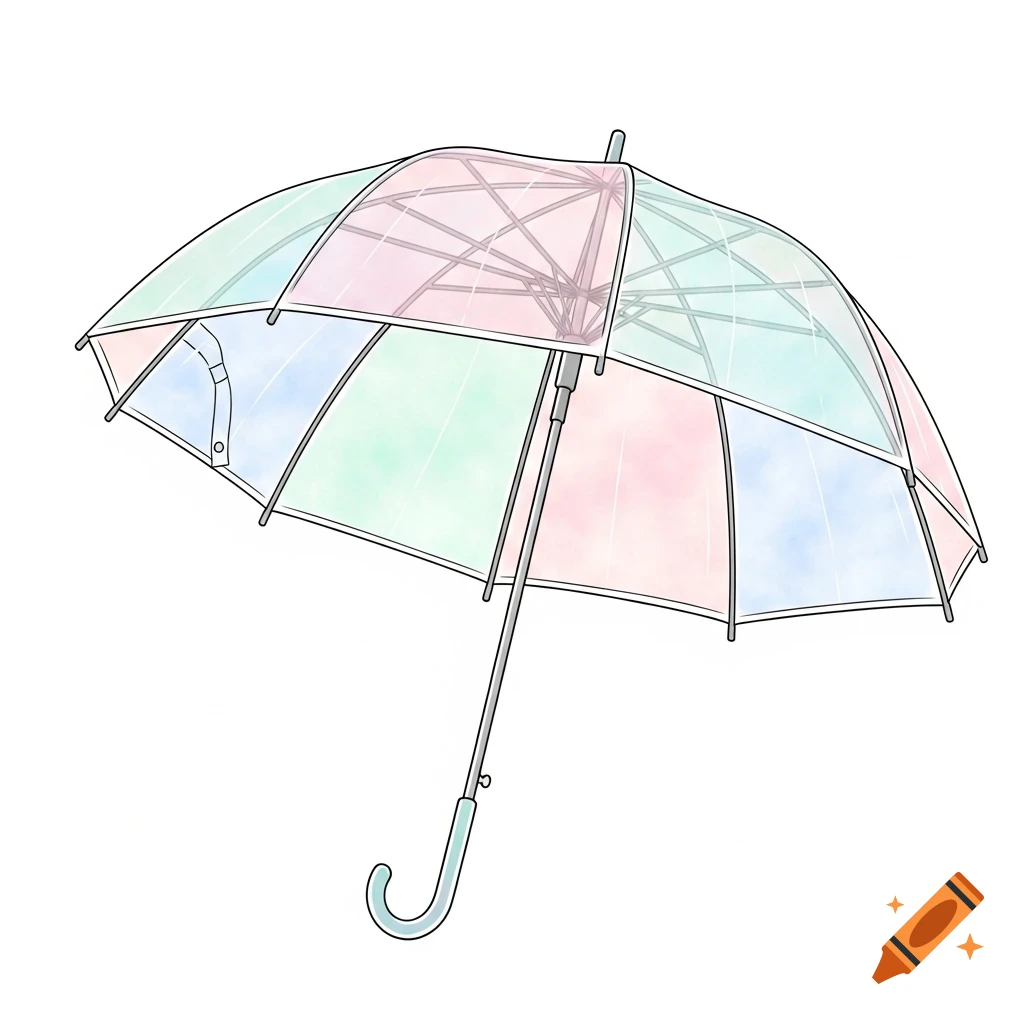 An illustration of a transparent Japanese umbrella in a naive and pastel style, with panels in soft pink, blue, and green hues.