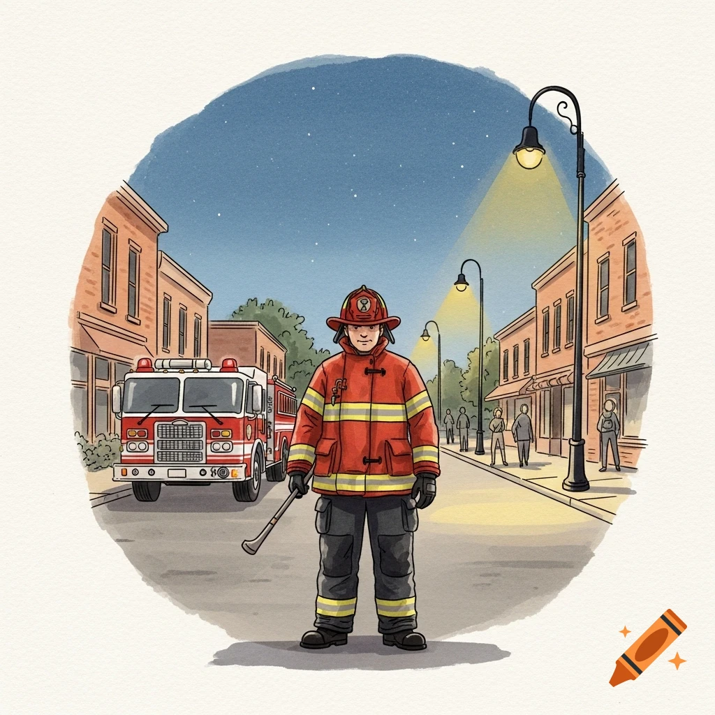 An illustration of a firefighter holding a pike pole, standing on a street in a small town with a fire truck and buildings at night.