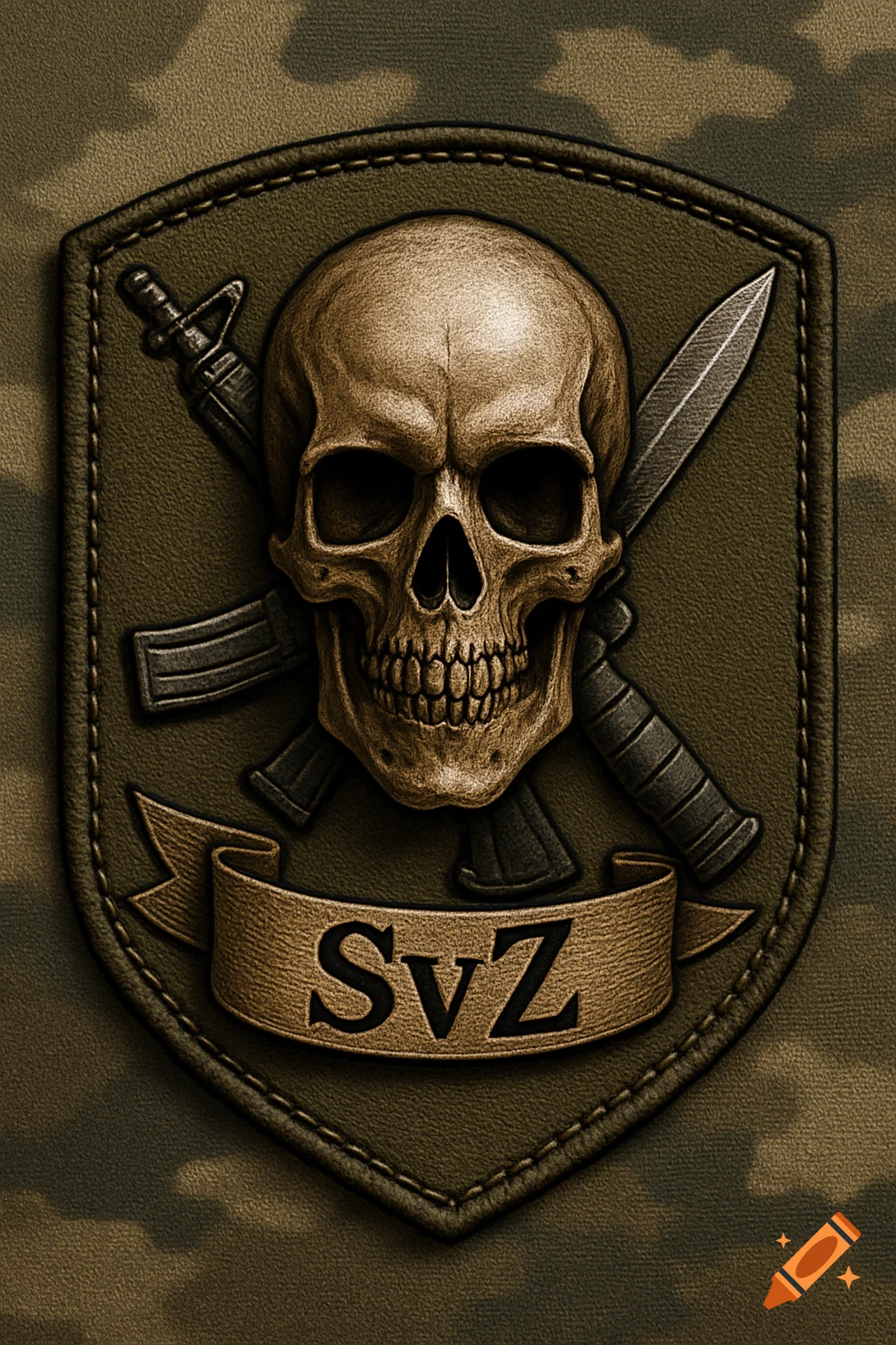 Military patch with a detailed human skull, crossed rifle and knife, and 'SvZ' text on a banner, set against a camouflage background.