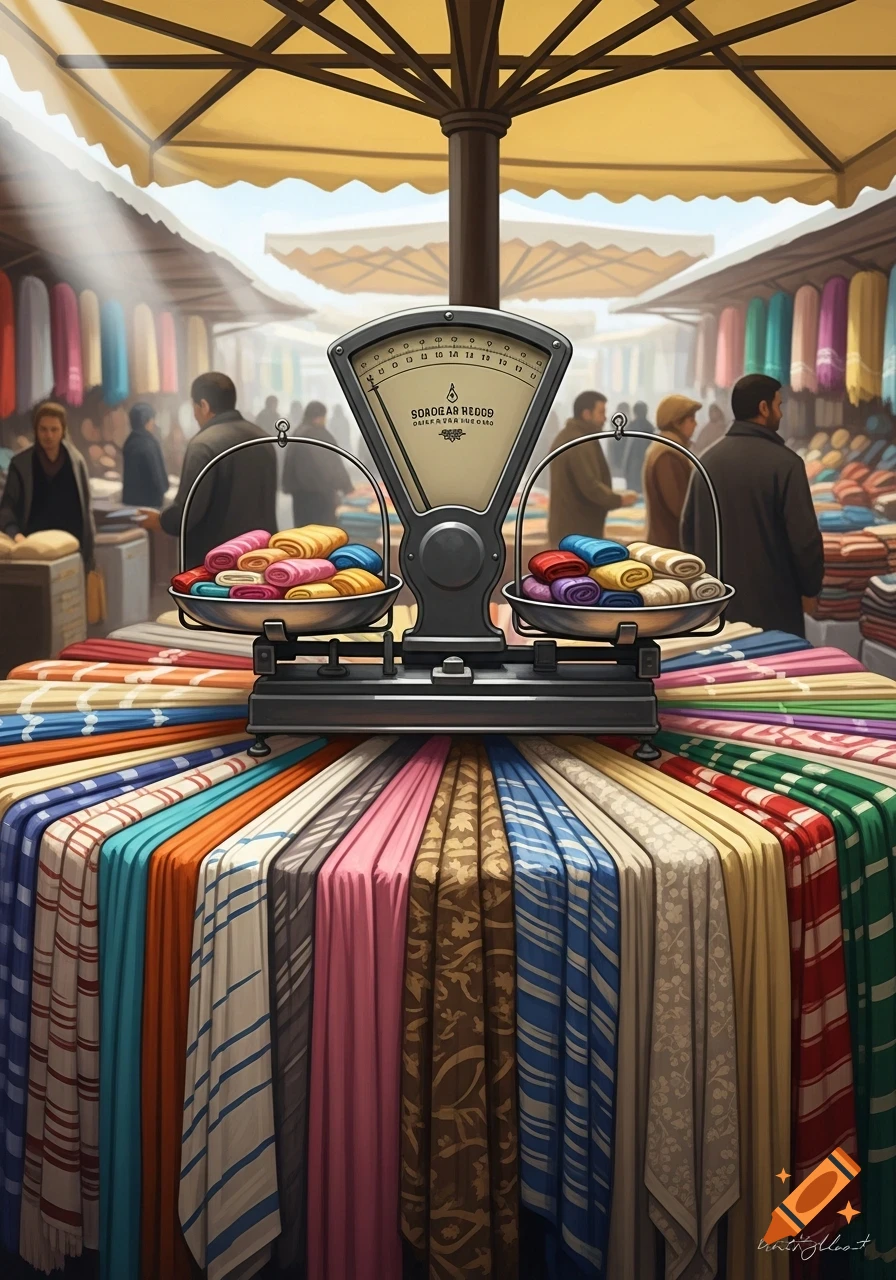 Stylized illustration of a vibrant market stall with a vintage scale weighing colorful textiles, people in the background.