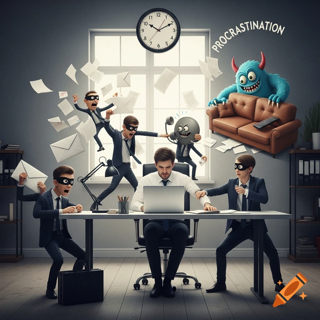A man at an office desk tries to work on a laptop, surrounded by cartoonish figures stealing his time and a blue 'PROCRASTINATION' monster.