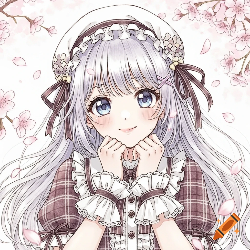Anime girl with white hair and blue eyes, smiling with hands near her chin, wearing a plaid dress and white beret, surrounded by pink cherry blossoms.