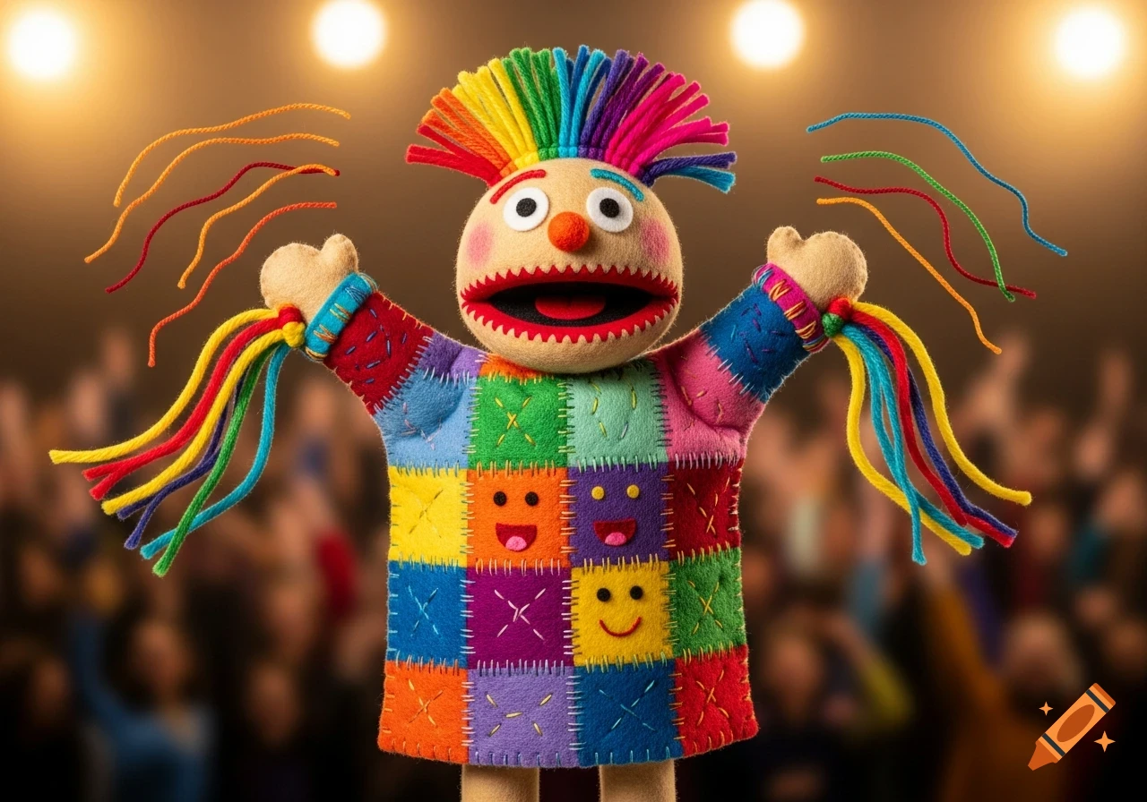 A colorful felt puppet with rainbow yarn hair and a patchwork body featuring smiley faces, raising its arms on a blurred stage with bright lights and a crowd.