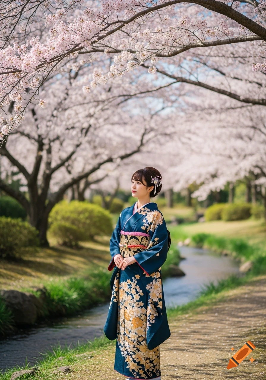 A Japanese woman in a blue kimono with gold floral patterns stands on a path beside a stream under blooming cherry blossom trees.