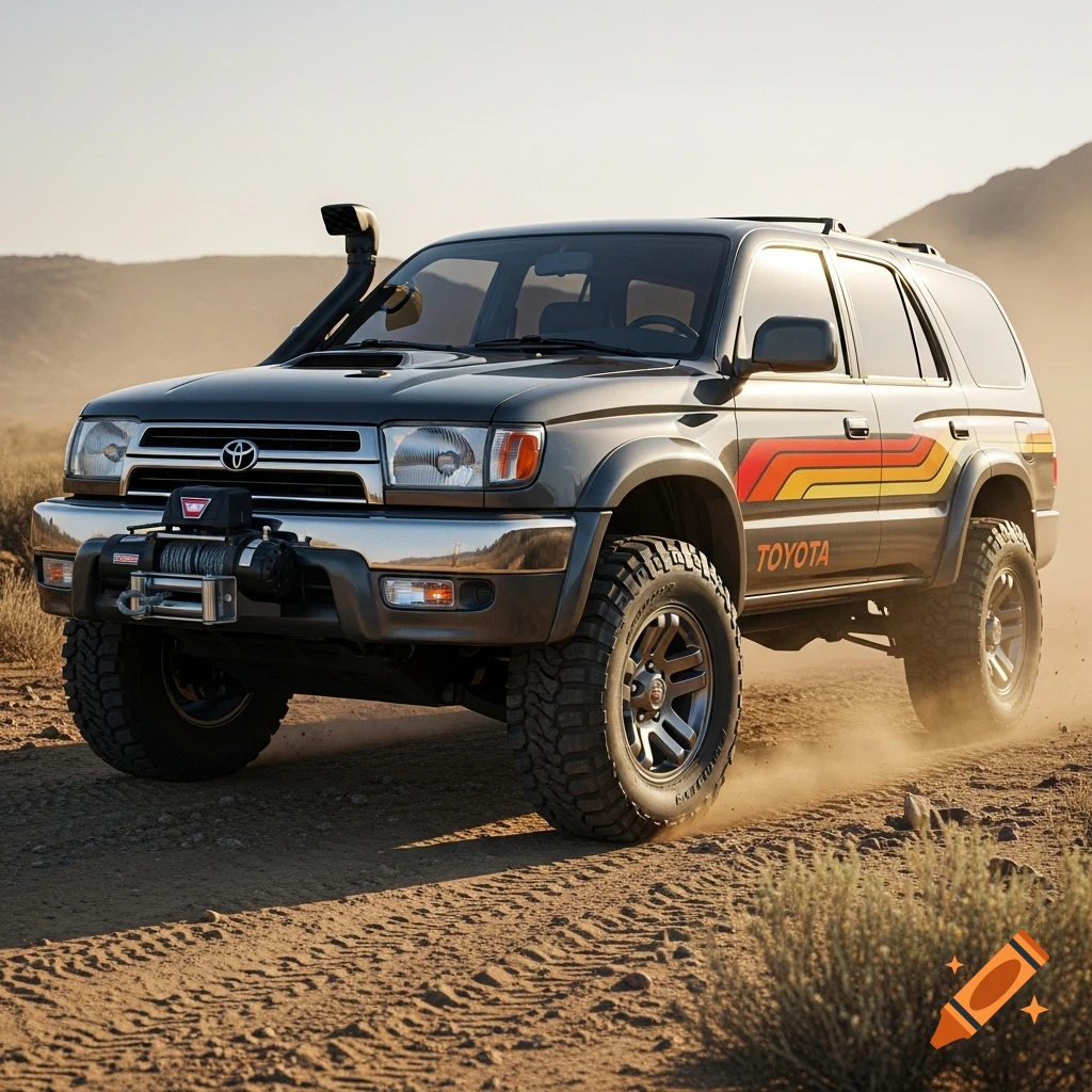 A dark gray 1998 Toyota 4Runner with retro stripes and off-road modifications drives on a dusty desert trail.